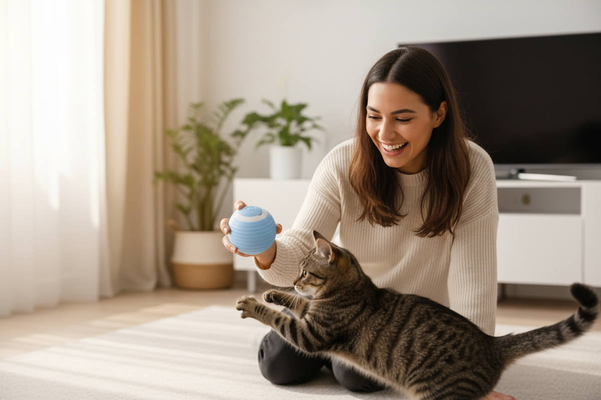 Chat et maîtresse jouant avec la balle interactive