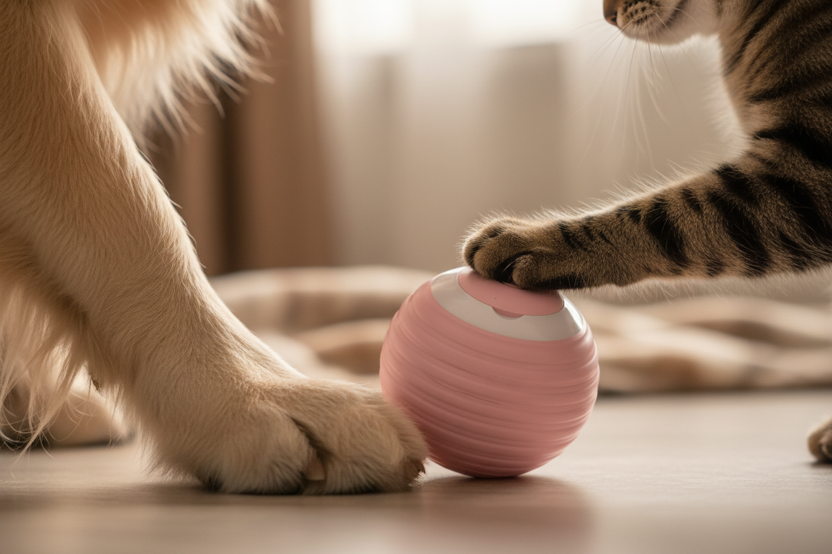 Pattes de chien et chat tenant la balle